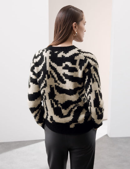 Patterned Crew Neck Jumper with Mohair