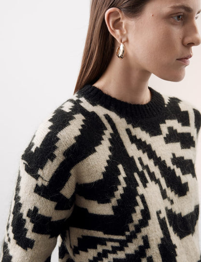 Patterned Crew Neck Jumper with Mohair