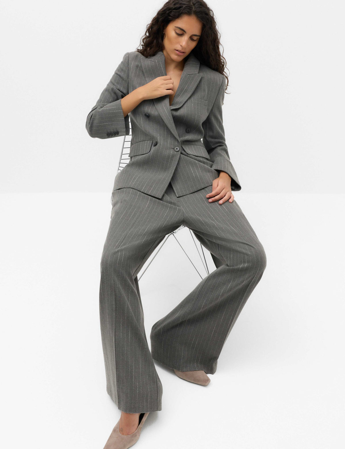 Pinstripe Pleat Front Straight Leg Trousers