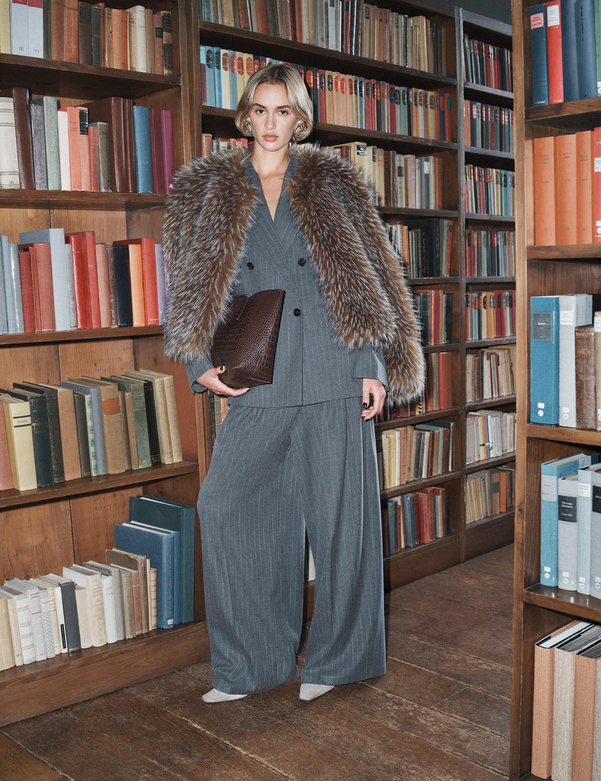Pinstripe Pleat Front Straight Leg Trousers