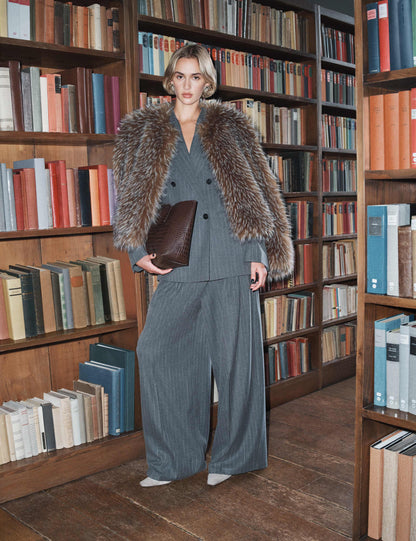 Pinstripe Pleat Front Straight Leg Trousers