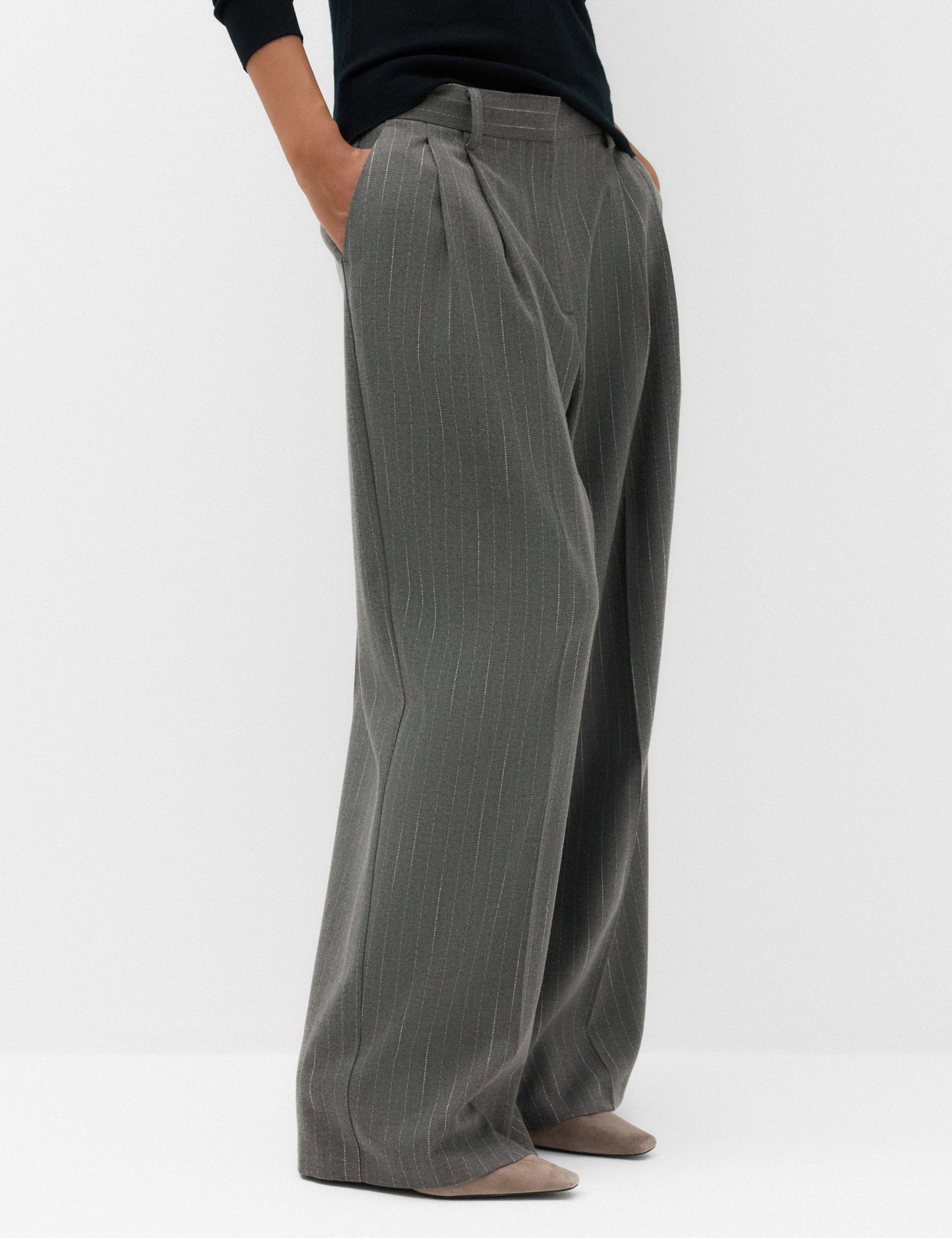 Pinstripe Pleat Front Straight Leg Trousers