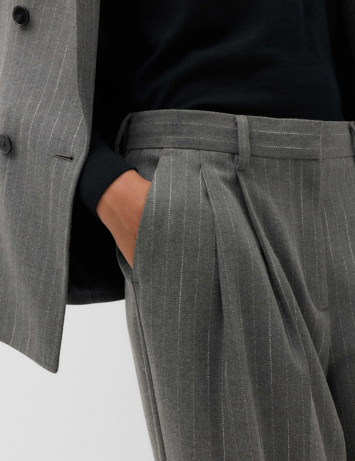 Pinstripe Pleat Front Straight Leg Trousers