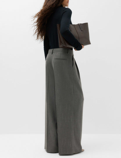 Pinstripe Pleat Front Straight Leg Trousers