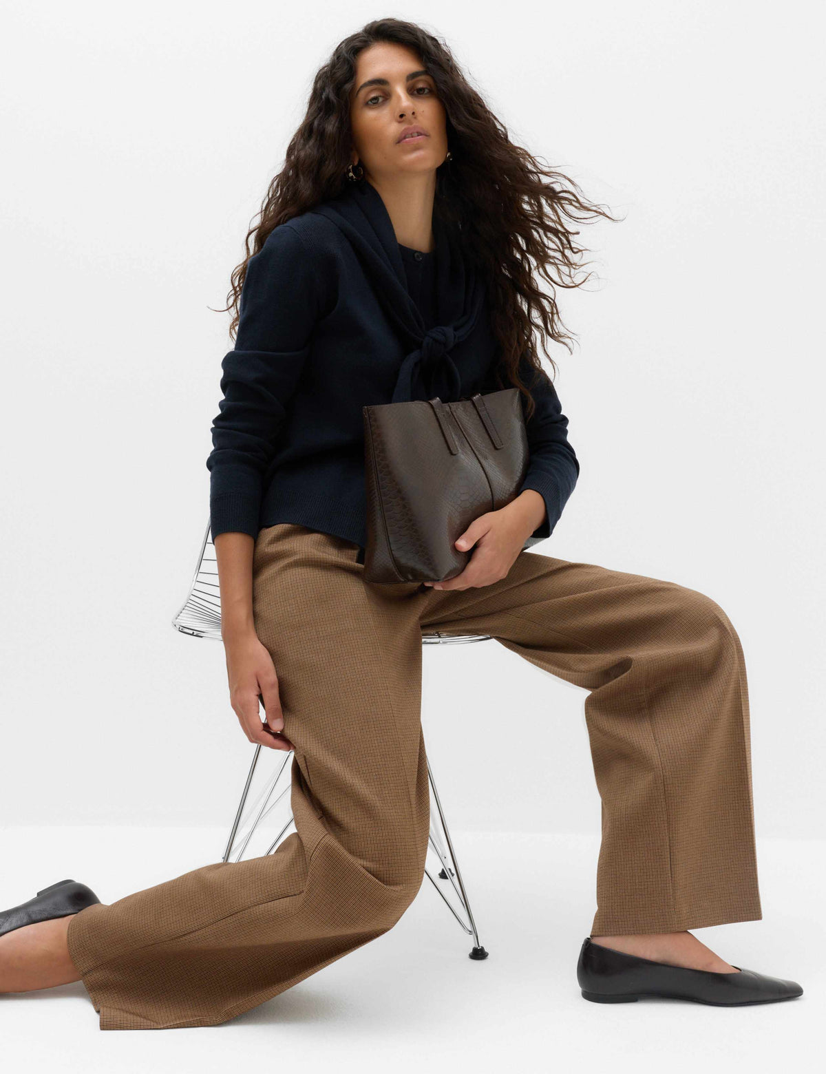 Pleated Micro Checked Wide Leg Trousers