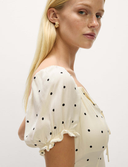 Polka Dot Tie Front Puff Sleeve Top