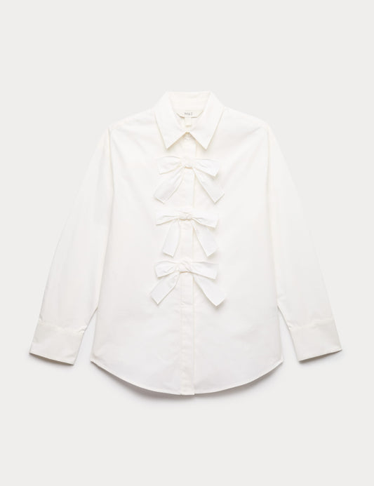Pure Cotton Bow Detail Collared Shirt