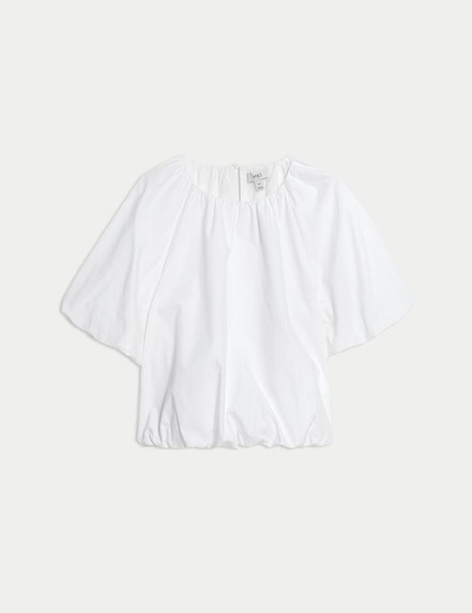 Pure Cotton Bubble Hem Puff Sleeve Top