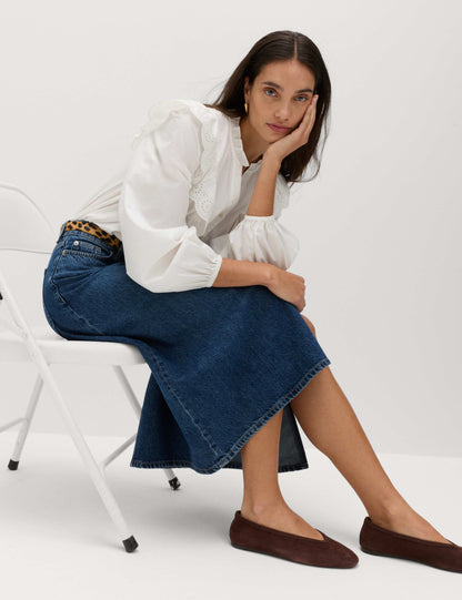 Pure Cotton Denim Asymmetric Midi Wrap Skirt