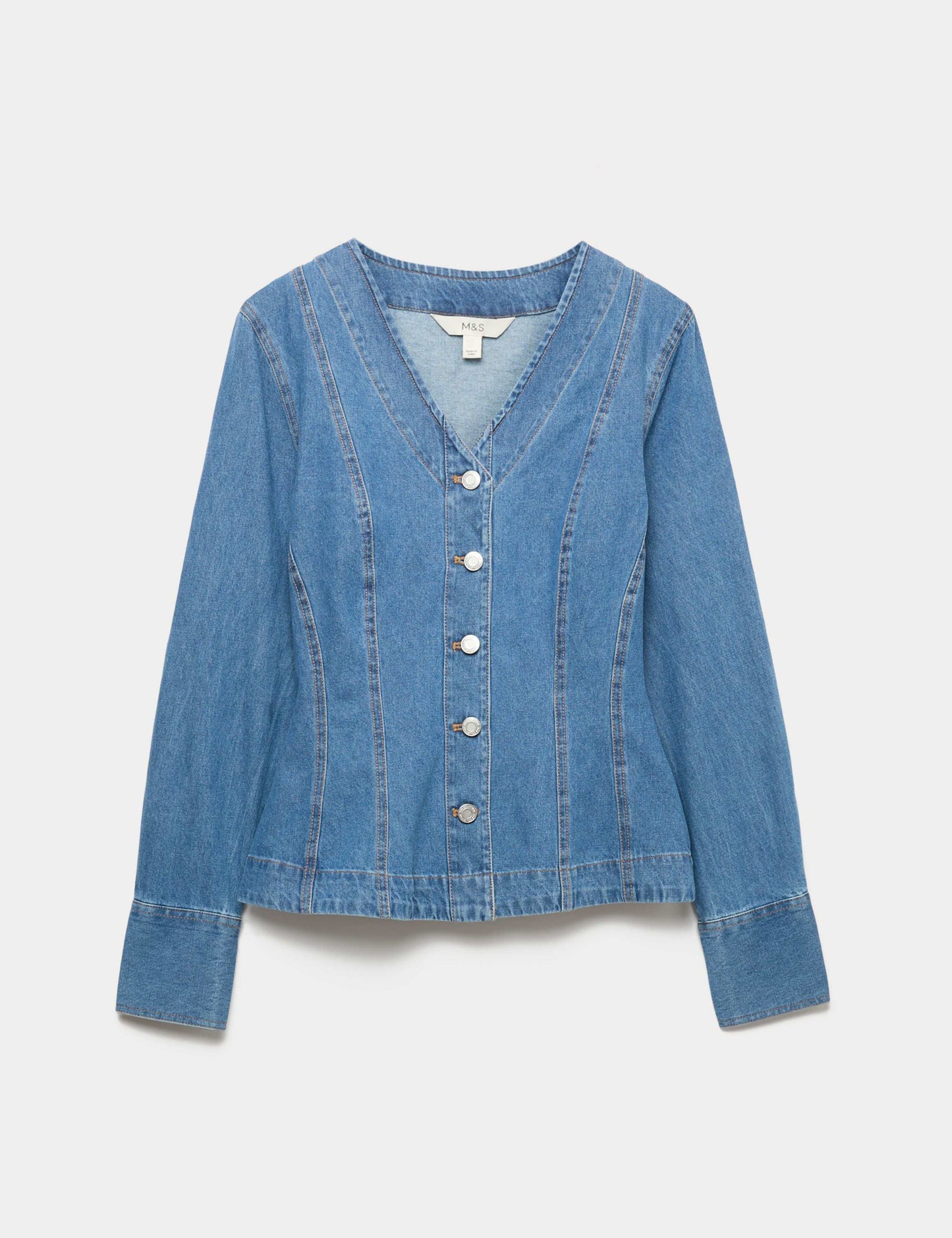 Pure Cotton Denim V-Neck Buttoned Slim Fit Shirt