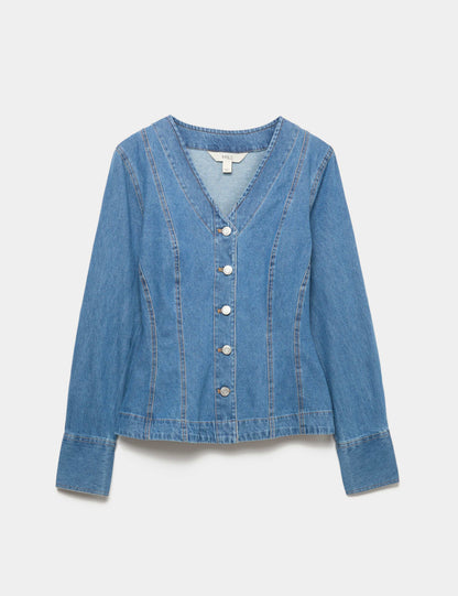 Pure Cotton Denim V-Neck Buttoned Slim Fit Shirt