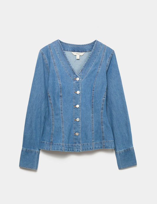 Pure Cotton Denim V-Neck Buttoned Slim Fit Shirt