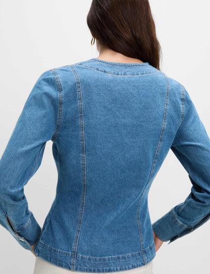 Pure Cotton Denim V-Neck Buttoned Slim Fit Shirt