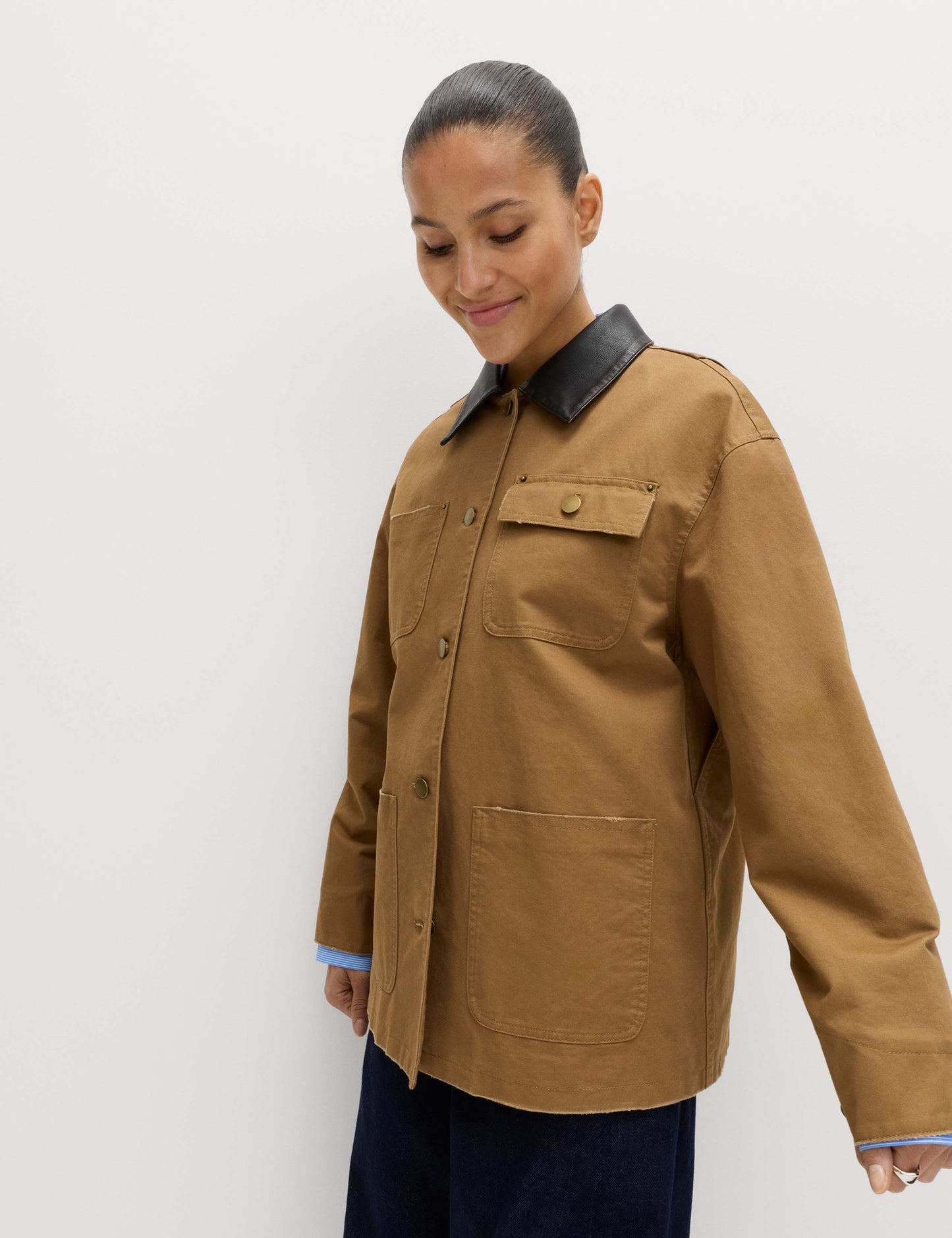 Pure Cotton Faux Leather Collared Barn Jacket