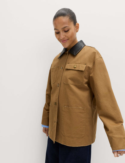 Pure Cotton Faux Leather Collared Barn Jacket