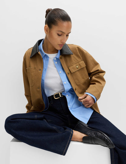 Pure Cotton Faux Leather Collared Barn Jacket