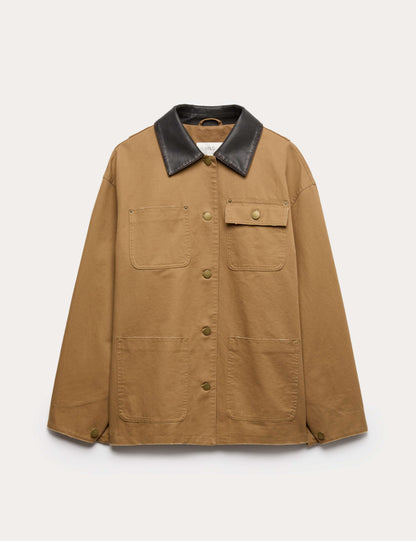 Pure Cotton Faux Leather Collared Barn Jacket