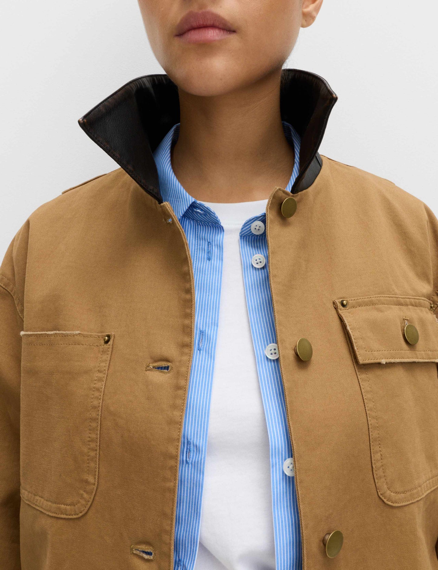 Pure Cotton Faux Leather Collared Barn Jacket