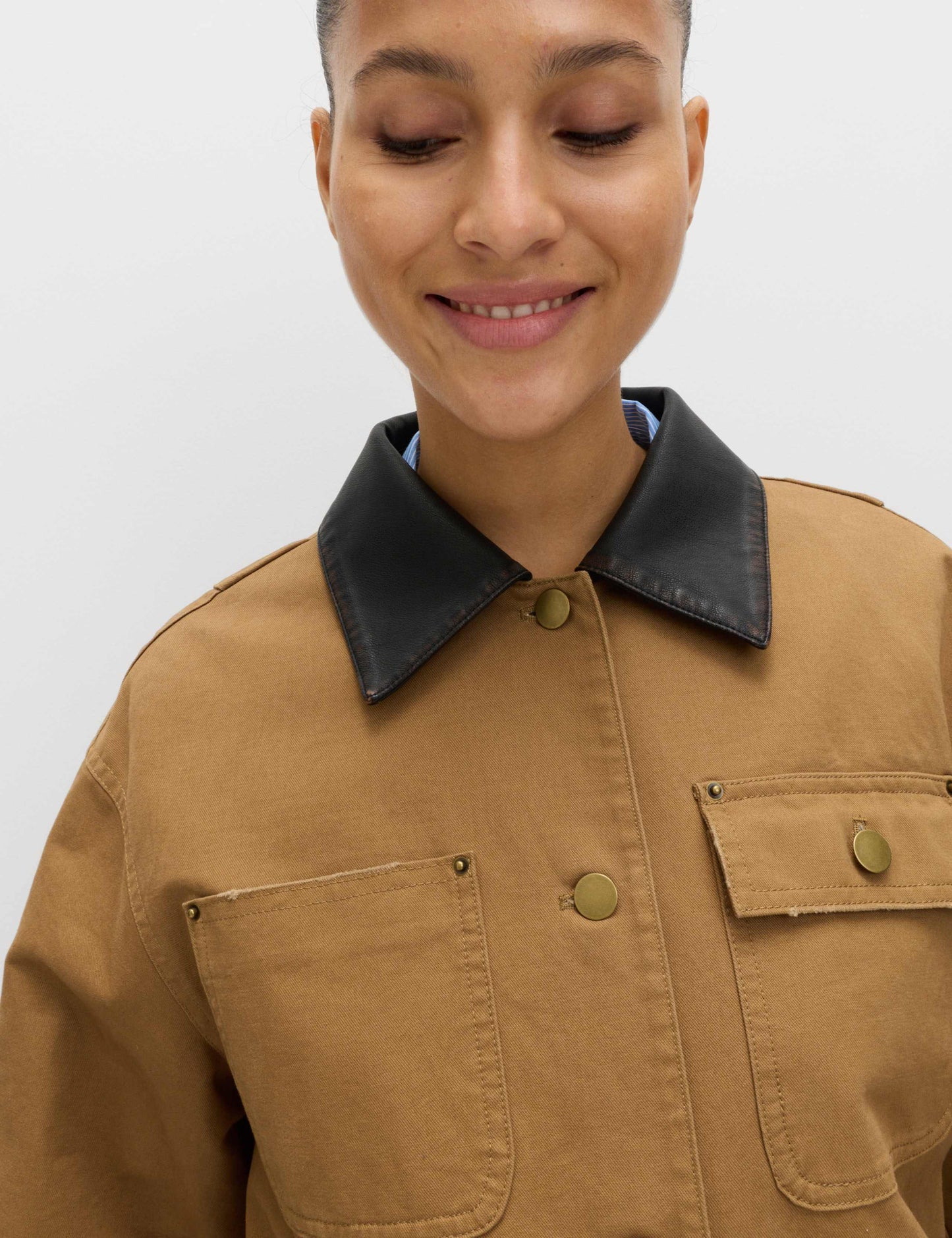 Pure Cotton Faux Leather Collared Barn Jacket