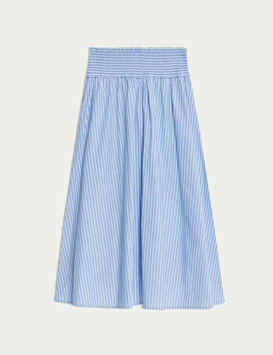 Pure Cotton Striped Midi A-Line Skirt