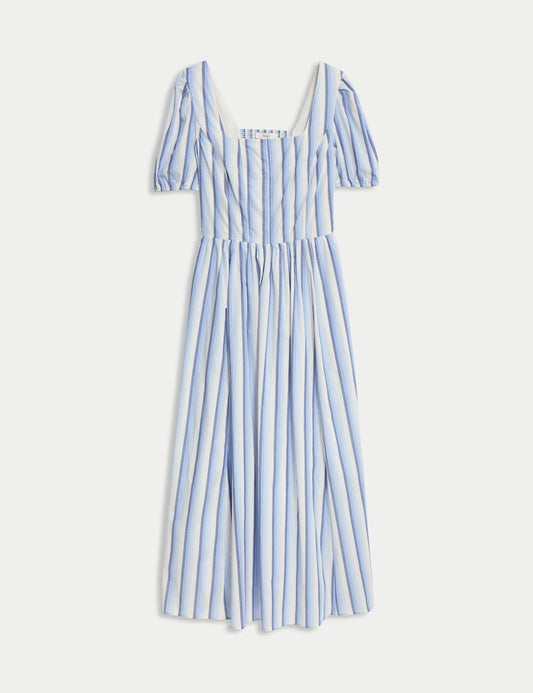 Pure Cotton Striped Midi Waisted Dress