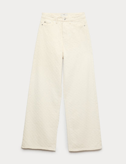 Pure Cotton Textured High Waisted Wide Leg Jeans