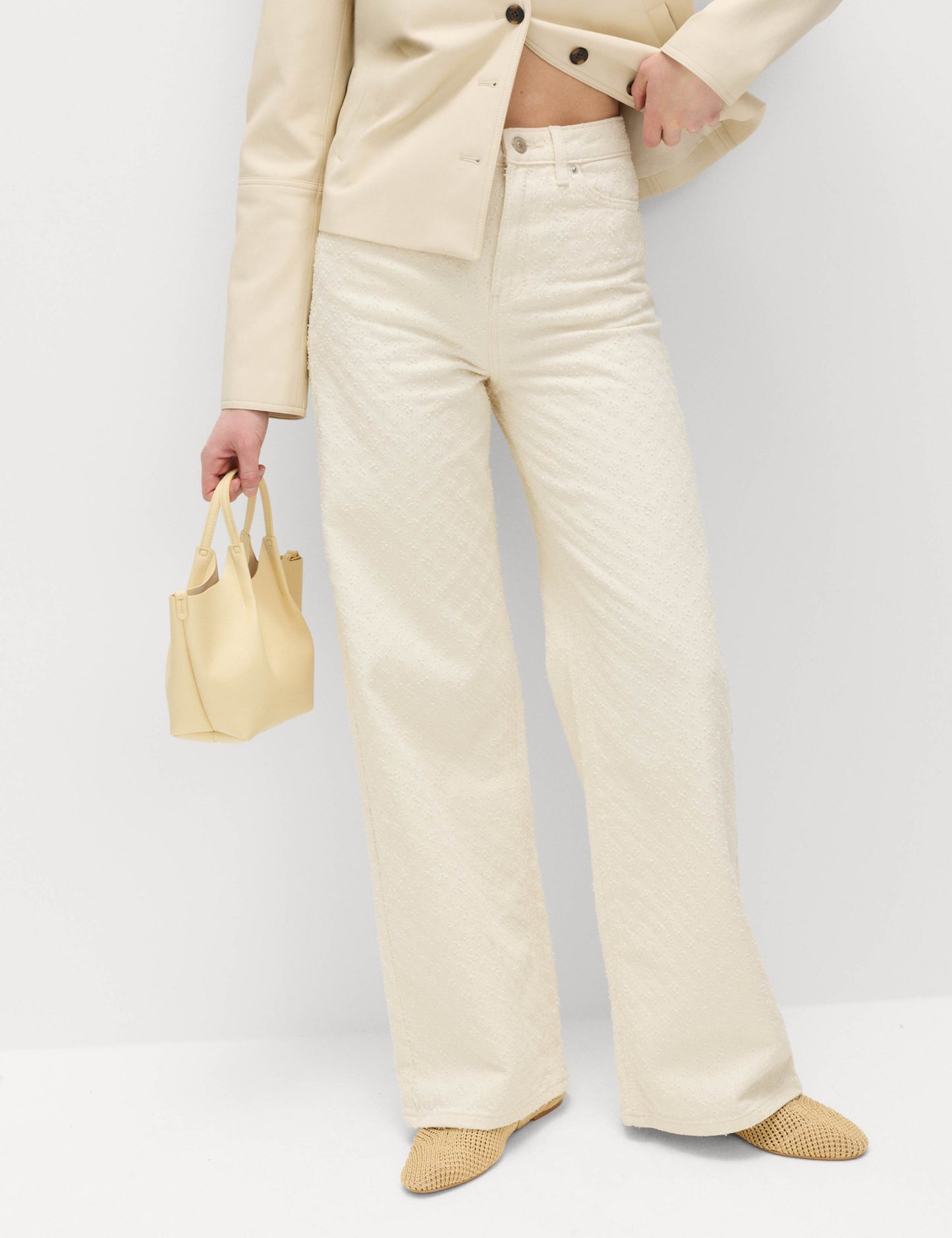 Pure Cotton Textured High Waisted Wide Leg Jeans