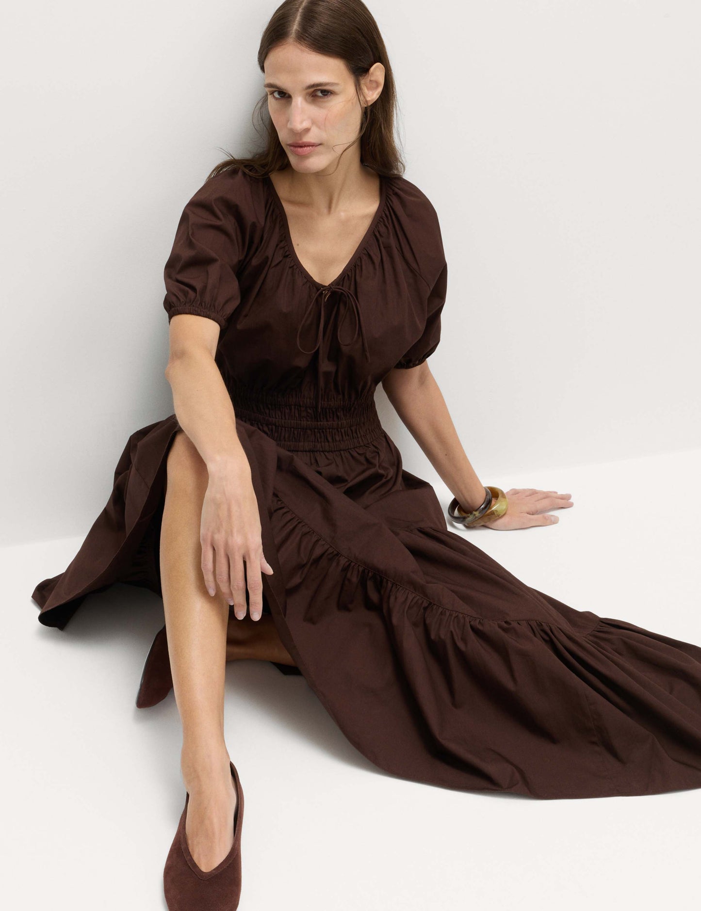 Pure Cotton Tie Detail Midaxi Waisted Dress