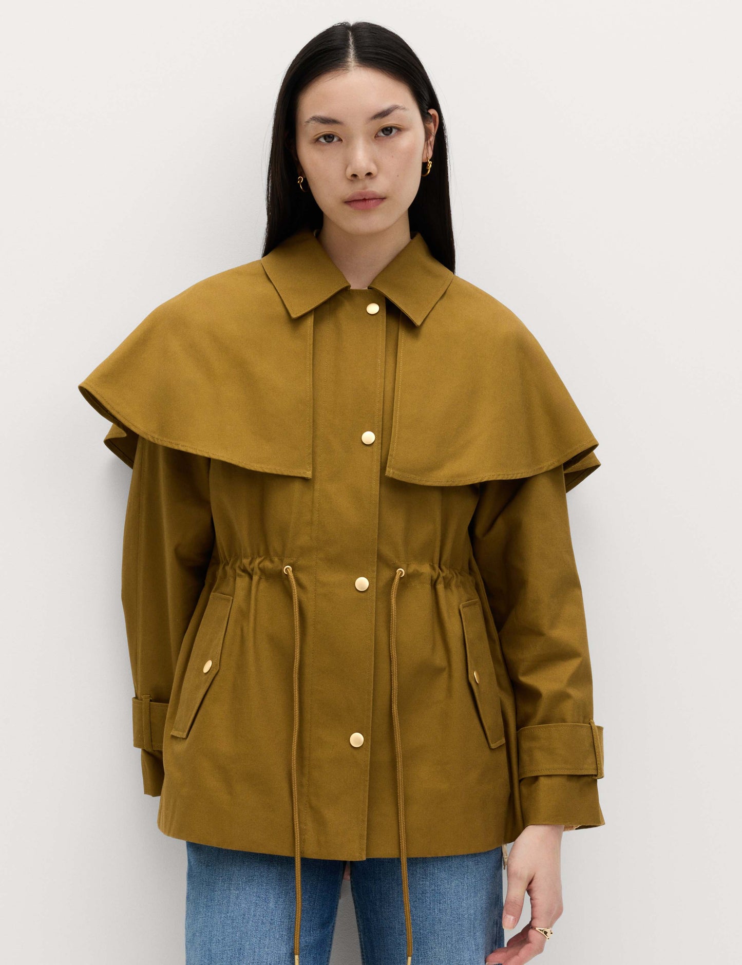 Pure Cotton Waisted Collared Cape Coat