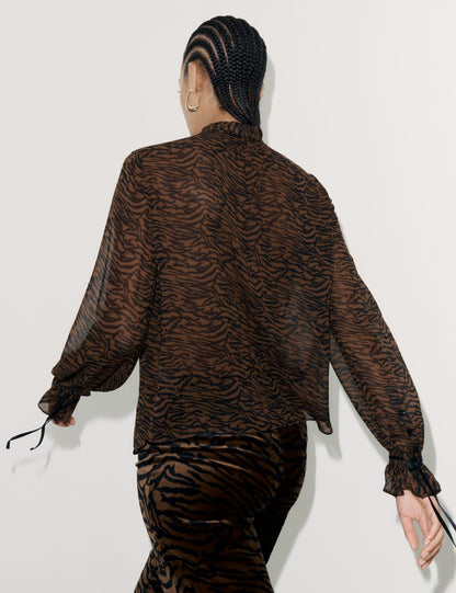 Pure Silk Animal-Print Tie-Neck Blouse