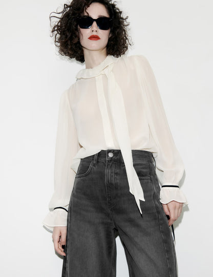 Pure Silk Tie-Neck Ruffle Blouse