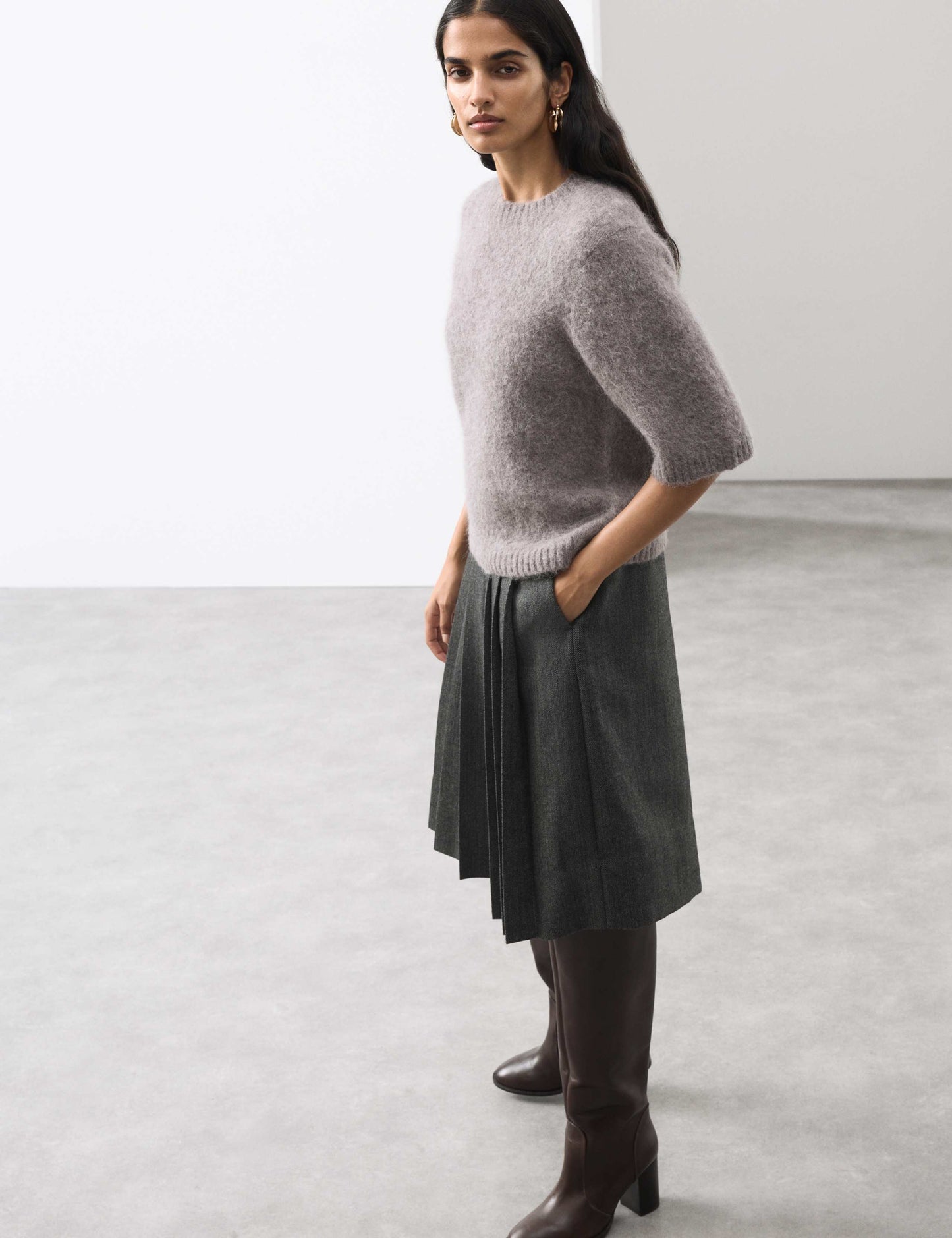 Pure Wool Pleated Wide Leg Cropped Culottes