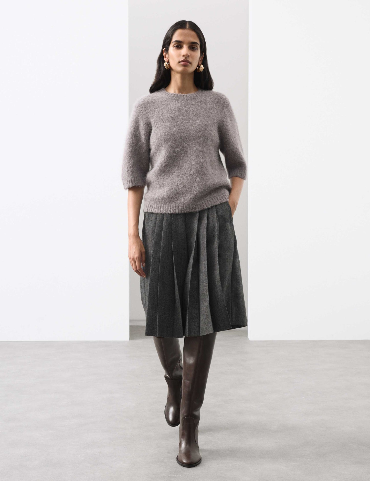 Pure Wool Pleated Wide Leg Cropped Culottes