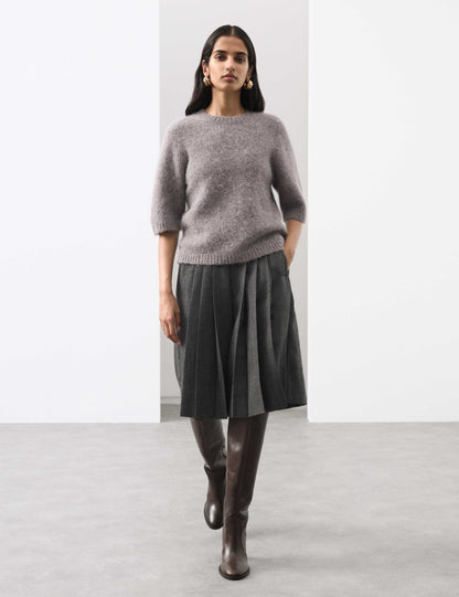 Pure Wool Pleated Wide Leg Cropped Culottes