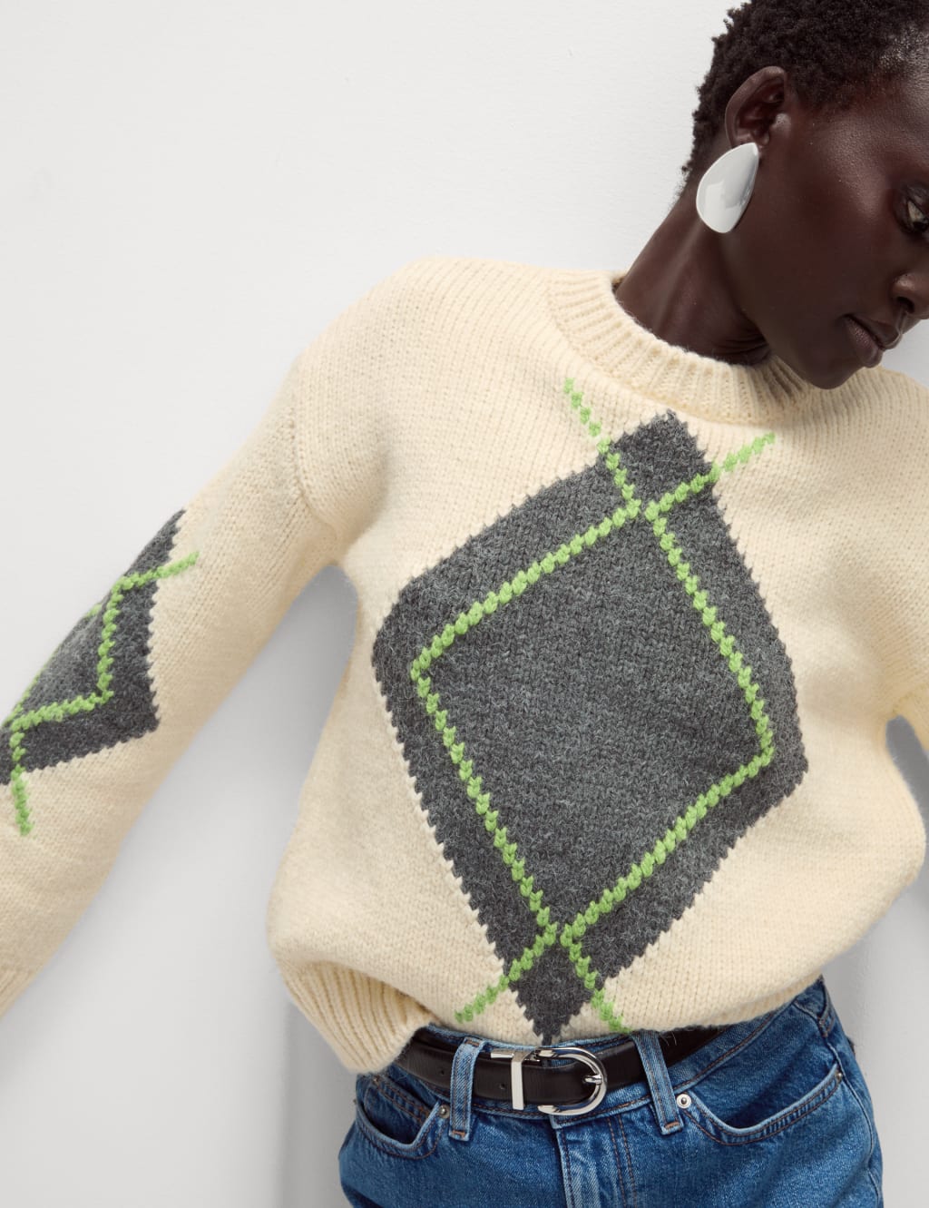 Ribbed Argyle Crew Neck Jumper