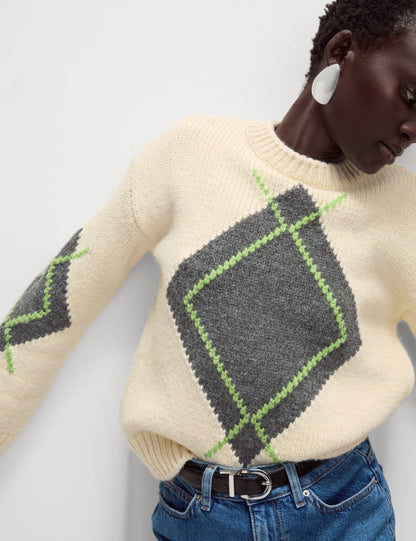 Ribbed Argyle Crew Neck Jumper