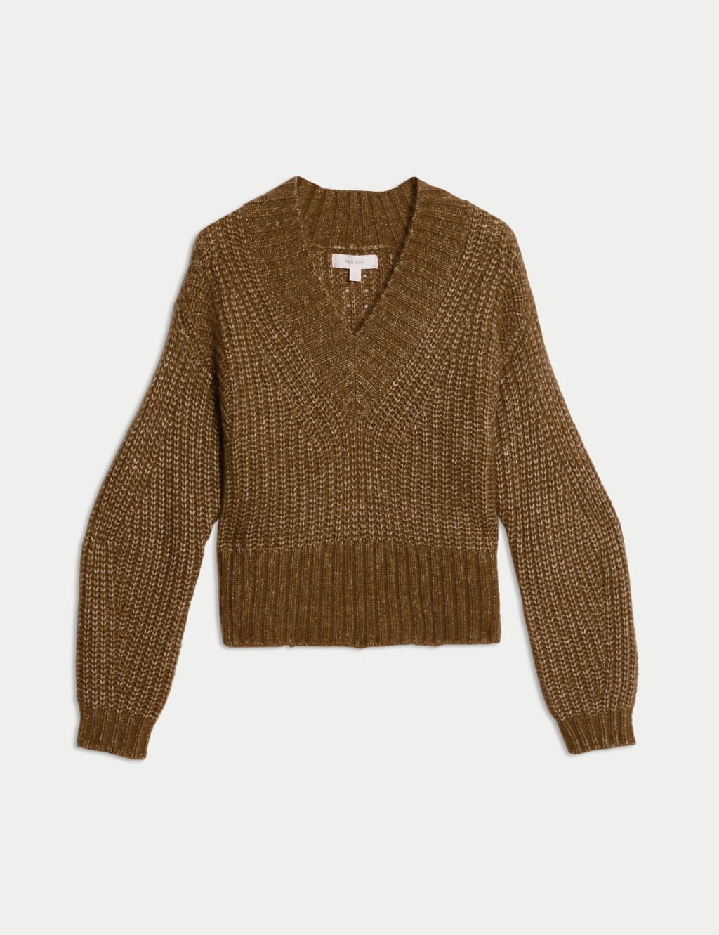 Ribbed V-Neck Puff Sleeve Jumper with Wool