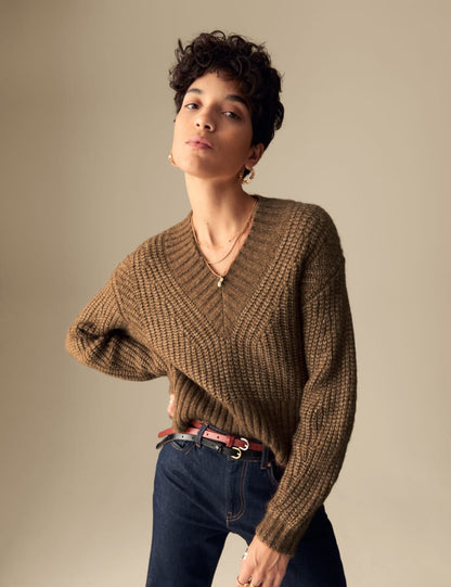 Ribbed V-Neck Puff Sleeve Jumper with Wool