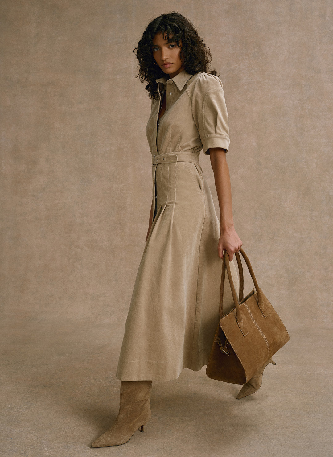 Neutral Corduroy Belted Midi Dress