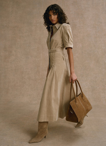 Neutral Corduroy Belted Midi Dress