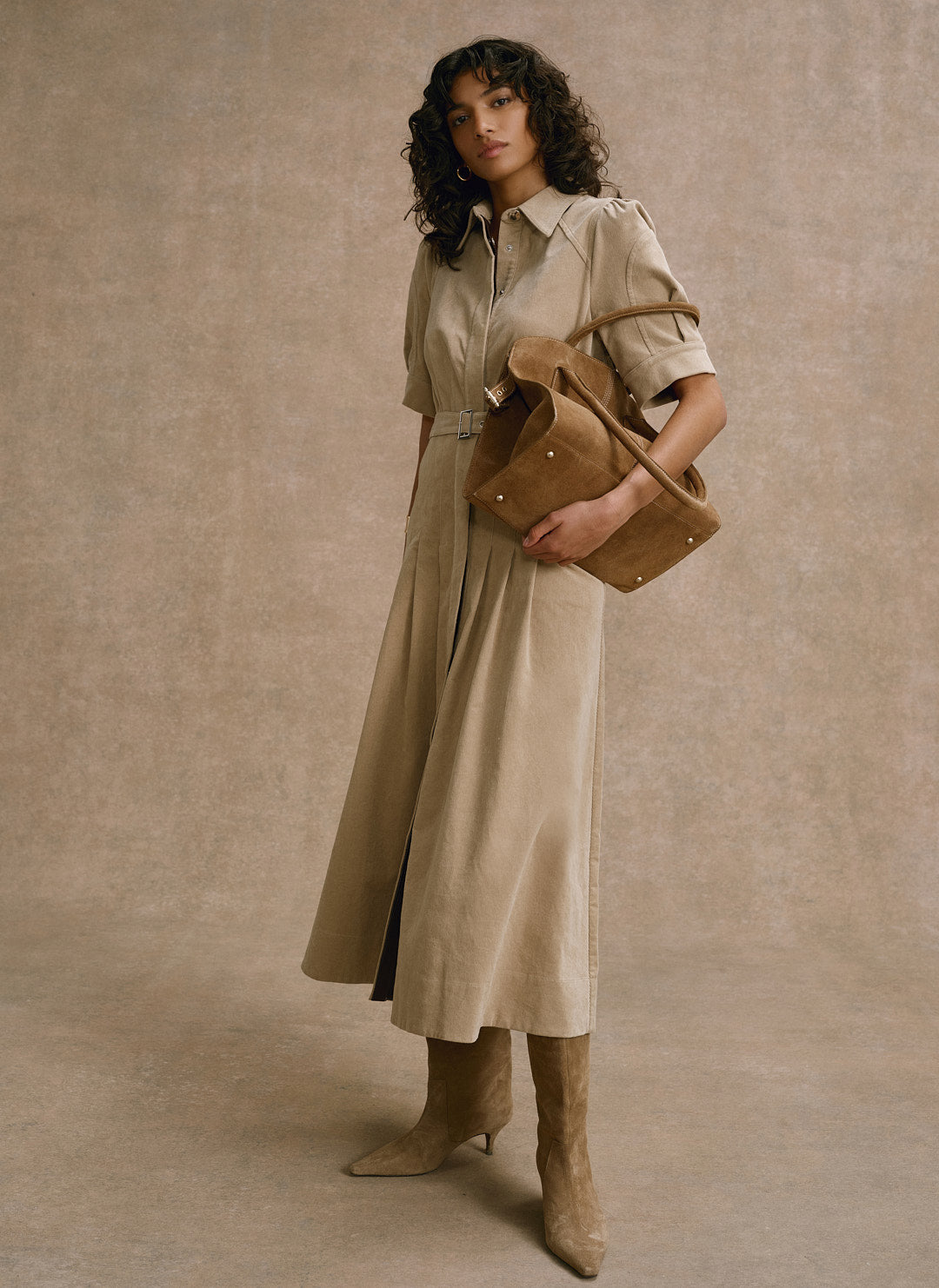 Neutral Corduroy Belted Midi Dress