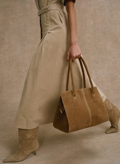 Neutral Corduroy Belted Midi Dress