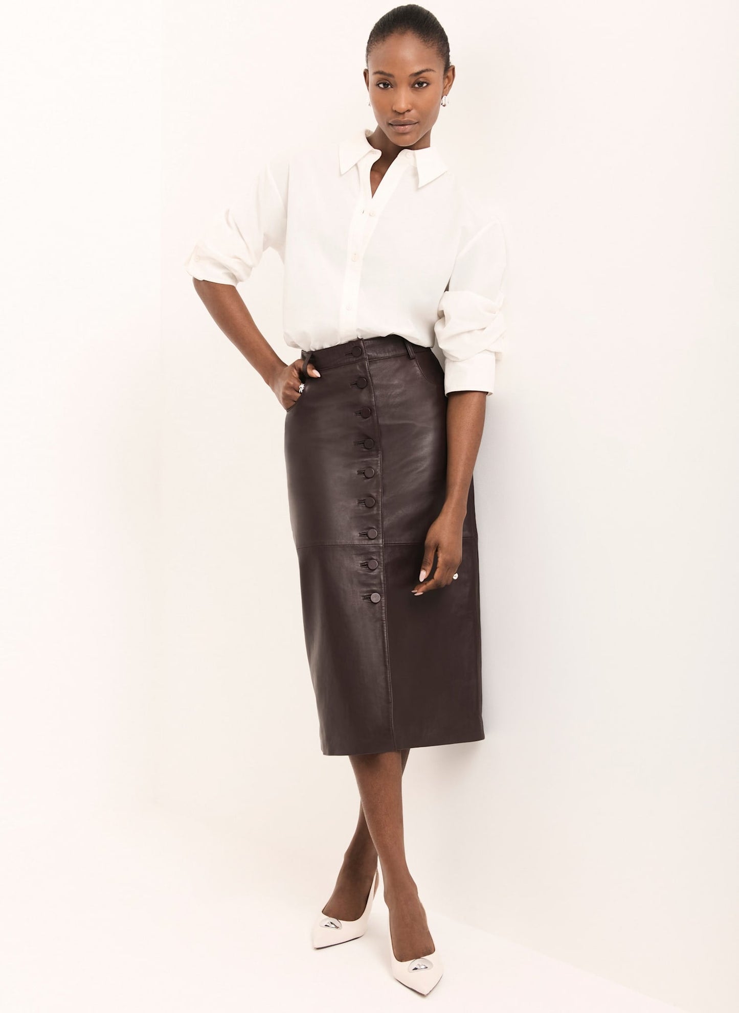 Burgundy Leather Midi Skirt