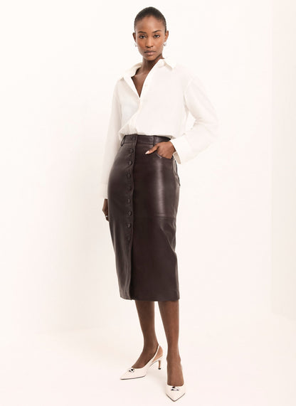 Burgundy Leather Midi Skirt