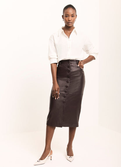 Burgundy Leather Midi Skirt