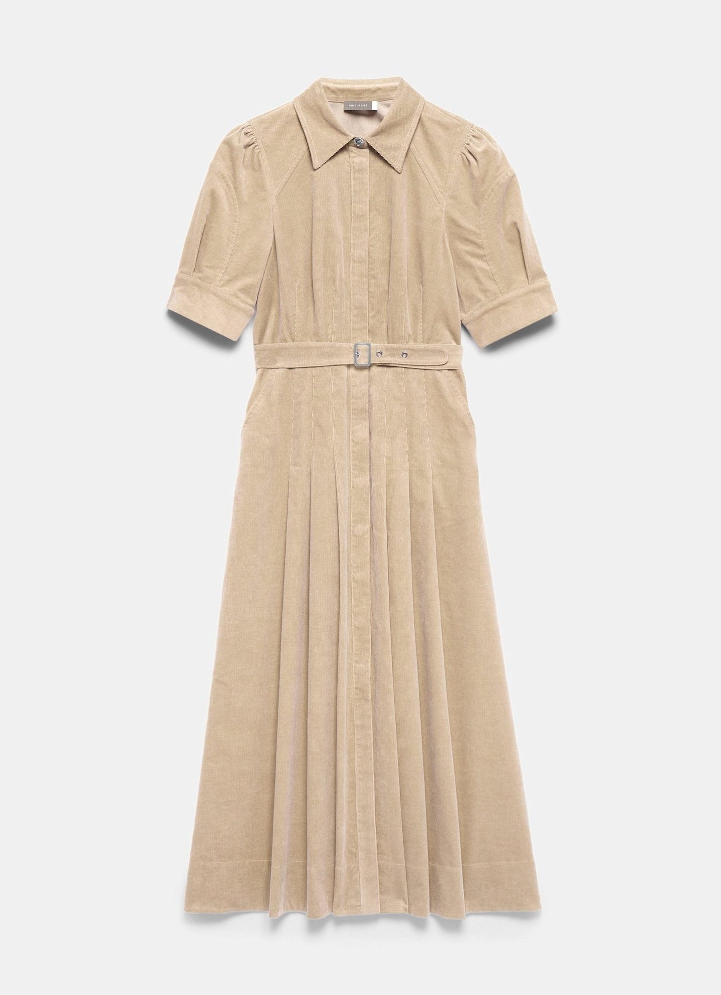 Neutral Corduroy Belted Midi Dress