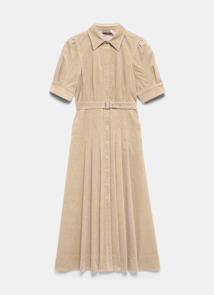 Neutral Corduroy Belted Midi Dress