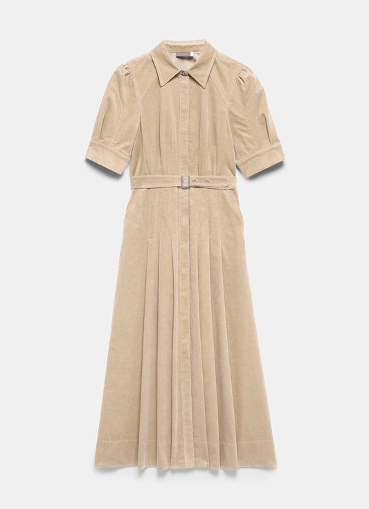 Neutral Corduroy Belted Midi Dress