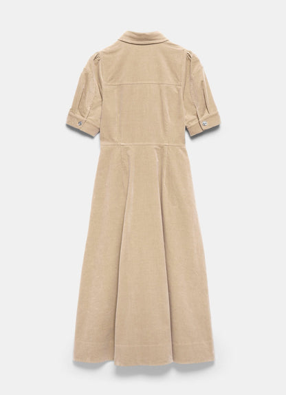 Neutral Corduroy Belted Midi Dress