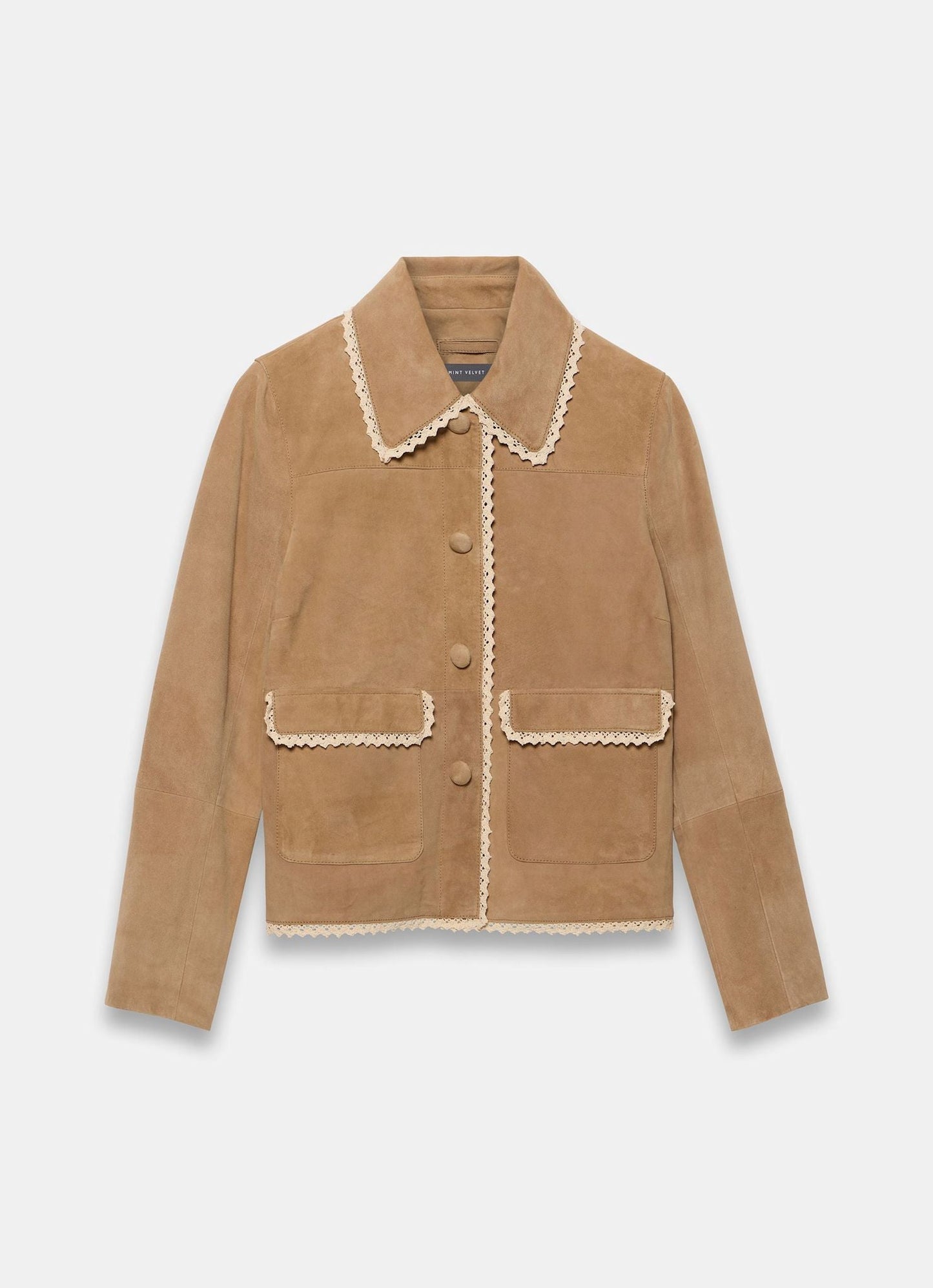Neutral Suede Crochet Trim Jacket